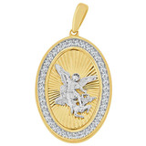 Saint Michael Medal Pendant CZ Oval 15mm Yellow and White Gold 14k [P068-022]