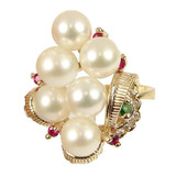 Genuine Fresh Water Pearls Cluster Ring CZ Yellow Gold 14k [S008-618]