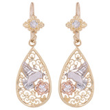 Filigree Dove Bird Flower Drop Earring CZ Tricolor Gold 14k [E078-069]