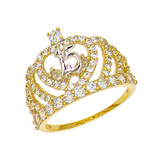 15 Quinceanera Crown Tiara Ring CZ Yellow Gold 14k [R122-033]