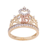 15 Quinceanera Tiara Crown Ring CZ Tricolor Gold 14k [R125-202]