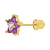 Small Flower Mini Stud Purple CZ Earring Screw Back Yellow Gold 14k [E130-015]