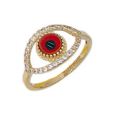 Evil Eye Red Lady Ring CZ Yellow Gold 14k [R127-105]