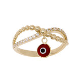 Evil Eye Red Dangling Lady Ring CZ Yellow Gold 14k [R148-104]