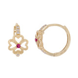 Small Heart Flower Huggies Earring Red CZ 14k Yellow Gold [E027-118]