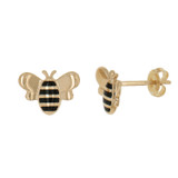 Small Bumble Honey Bee Push Back Earring Black Resin CZ 14k Yellow Gold [E021-119]