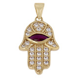 Hamsa Hand Protection Pendant Red CZ 14k Yellow Gold [P030-112]