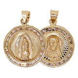 Virgin Guadalupe and Sacred Heart of Christ Double Side Medal Pendant 19mm CZ Yellow Gold 14k [P067-X31]