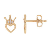 Heart Crown Push Back Stud Earring CZ Yellow Gold 14k [E001-100]