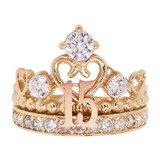 15 Quinceanera Crown Tiara Ring CZ Yellow Rose Gold 14k [R126-029]