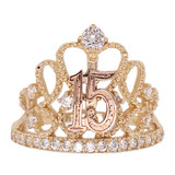 15 Quinceanera Crown Tiara Ring CZ Yellow Rose Gold 14k [R126-028]