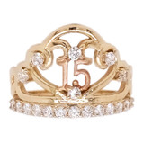 15 Quinceanera Crown Tiara Ring CZ Yellow Rose Gold 14k [R126-027]