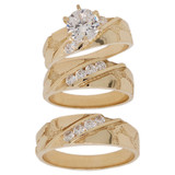 Nugget Engagement Trio Matching Rings His Her Set CZ Yellow Gold 14k [R051-028]