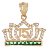 Tiara Crown 15 Quinceanera Pendant Green CZ Yellow Gold 14k USA [P045-E32]