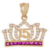 Tiara Crown 15 Quinceanera Pendant Red CZ Yellow Gold 14k USA [P045-032]