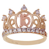 15 Quinceanera Crown Tiara Ring CZ Yellow Rose Gold 14k USA [R126-034]