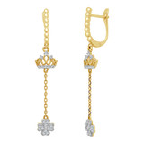 Crown Tiara Clover Dangling Drop Earring Cubic Zirconia Yellow Gold 14k [E013-022]