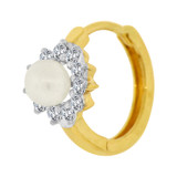 White Faux Pearls Mini Huggies Stud Earring Cubic Zirconia Yellow Gold 14k [E020-010]