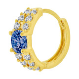 Fancy Mini Hoop Huggies Stud Earring Blue Cubic Zirconia Yellow Gold 14k [E020-074]