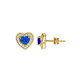 Heart Stud Push Back Earring Blue Cubic Zirconia Yellow Gold 14k [E022-047]