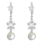 Tiara Crown Drop Earring Faux Pearls Cubic Zirconia White Gold 14k [E022-063]