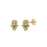 Hamsa Hand Stud Push Back Earring Cubic Zirconia Yellow Gold 14k [E025-047]