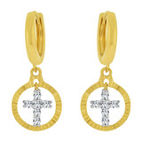 Dangling Religious Cross Earring Cubic Zirconia Yellow Gold 14k [E030-012]