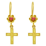 Religious Cross Drop Earring Red Cubic Zirconia Yellow Gold 14k [E078-061]