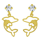 Jumping Dolphin Stud Earrings Screw Back Cubic Zirconia Yellow Gold 14k [E100-015]