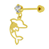 Jumping Dolphin Stud Earrings Screw Back Cubic Zirconia Yellow Gold 14k [E100-015]