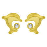 Jumping Dolphins Stud Screw Back Earring Cubic Zirconia Yellow Gold 14k [E100-017]