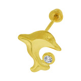 Jumping Dolphins Stud Screw Back Earring Cubic Zirconia Yellow Gold 14k [E100-017]