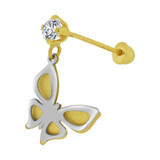 Butterfly Dangling Stud Screw Back Earring Cubic Zirconia Yellow and White Gold 14k [E101-015]