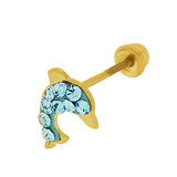 Ocean Blue Enamel Dolphin Stud Screw Back Earring Cubic Zirconia Yellow Gold 14k [E101-020]