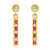 Drop Bar Red Cubic Zirconia Earring Screw Back Yellow Gold 14k [E103-007]