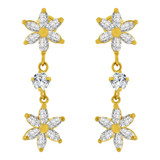 Flowers Sparkly Cubic Zirconia Drop Earring Screw Back Yellow Gold 14k [E103-008]