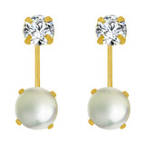 Classic Telephone Earring 3mm Round CZ Faux Pearls Yellow Gold 14k [E104-021]