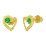 Heart Stud Screw Back Earring Green May Cubic Zirconia Yellow Gold 14k [E104-205]