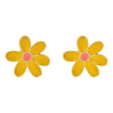 Yellow and Pink Enamel Flower Stud Screw Back Earring  Yellow Gold 14k [E109-016]