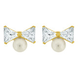 Pearls Cubic Zirconia Bow Stud Earring Screw Back Yellow Gold 14k [E110-004]