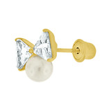 Pearls Cubic Zirconia Bow Stud Earring Screw Back Yellow Gold 14k [E110-004]