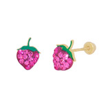 Red Green Enamel Resin Strawberry Stud Screw Back Earring Cubic Zirconia Yellow Gold 14k [E112-021]