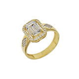 Halo Engagement Ring Emerald Cut Cubic Zirconia Yellow Gold 14k [R100-050]