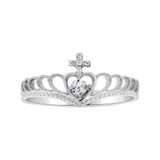 Thin Crown Tiara Ring Heart Cubic Zirconia White Gold 14k [R104-073]