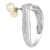 Chevron V Shape Band Ring with Pearls and Brilliant Cubic Zirconia  White Gold 14k [R106-067]