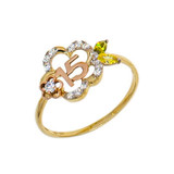 15 Quinceanera Flower Ring Cubic Zirconia Tricolor Gold 14k [R120-100]