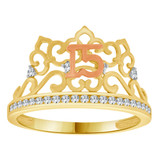 15 Quinceanera Crown Tiara Ring Cubic Zirconia Yellow Gold 14k [R121-037]