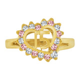 15 Anos Quinceanera Heart Ring Cubic Zirconia Oct Pink Yellow Gold 14k [R124-210]