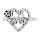 Heart and Rose 15 Anos Quinceanera Ring Cubic Zirconia White Gold 14k [R125-061]