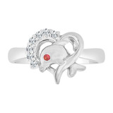 Small Heart and Dolphin Ring Red Cubic Zirconia White Gold 14k [R127-057]